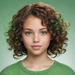 A teenage female character with light skin, vibrant green eyes, and curly brown hair adorned with side bangs and green tips