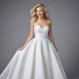 A vibrant, energetic blonde woman wearing an elegant white gown