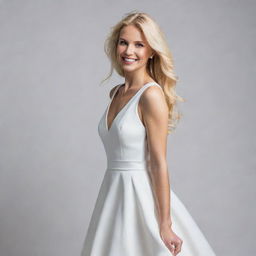 A vibrant, energetic blonde woman wearing an elegant white gown