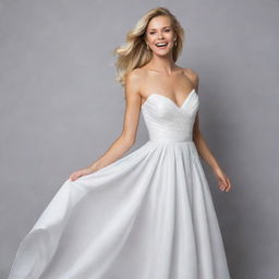 A vibrant, energetic blonde woman wearing an elegant white gown