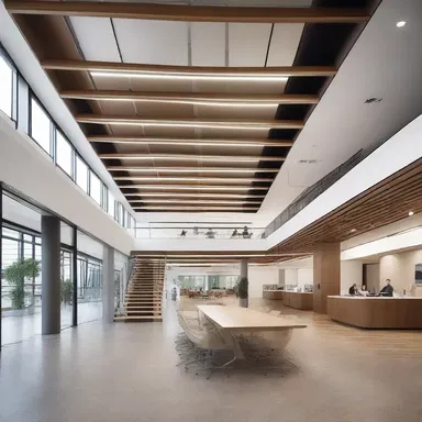 The power structure in the design of the modern office building emphasized an open floor plan with collaborative spaces on each level.