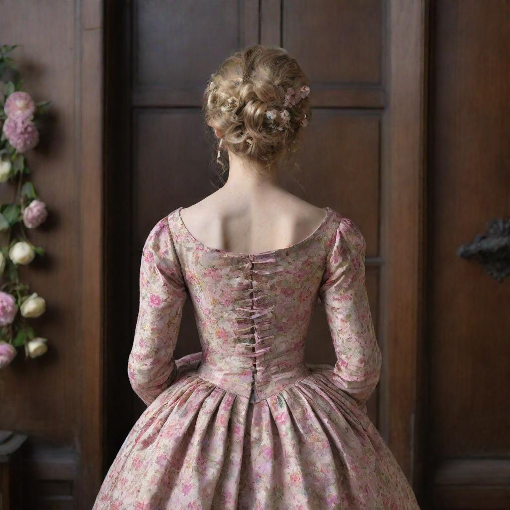 View from behind of a woman in the 17th century, adorned in a flowery gown and her hair embedded with blossoms, as she approaches an imposing, antique wooden door