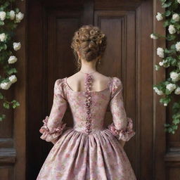 View from behind of a woman in the 17th century, adorned in a flowery gown and her hair embedded with blossoms, as she approaches an imposing, antique wooden door