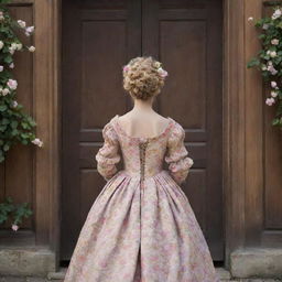 View from behind of a woman in the 17th century, adorned in a flowery gown and her hair embedded with blossoms, as she approaches an imposing, antique wooden door