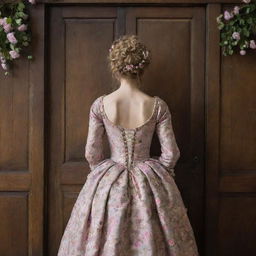 View from behind of a woman in the 17th century, adorned in a flowery gown and her hair embedded with blossoms, as she approaches an imposing, antique wooden door