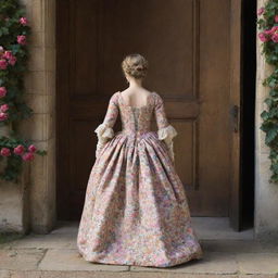 A rear view of a woman from the 17th century, elegantly dressed in a flowery gown, her hair creatively styled with vibrant flowers, as she moves towards a massive wooden door