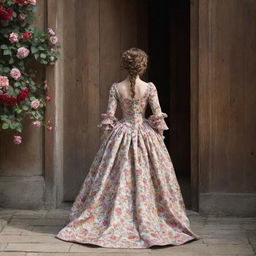 A rear view of a woman from the 17th century, elegantly dressed in a flowery gown, her hair creatively styled with vibrant flowers, as she moves towards a massive wooden door