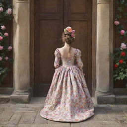 A rear view of a woman from the 17th century, elegantly dressed in a flowery gown, her hair creatively styled with vibrant flowers, as she moves towards a massive wooden door