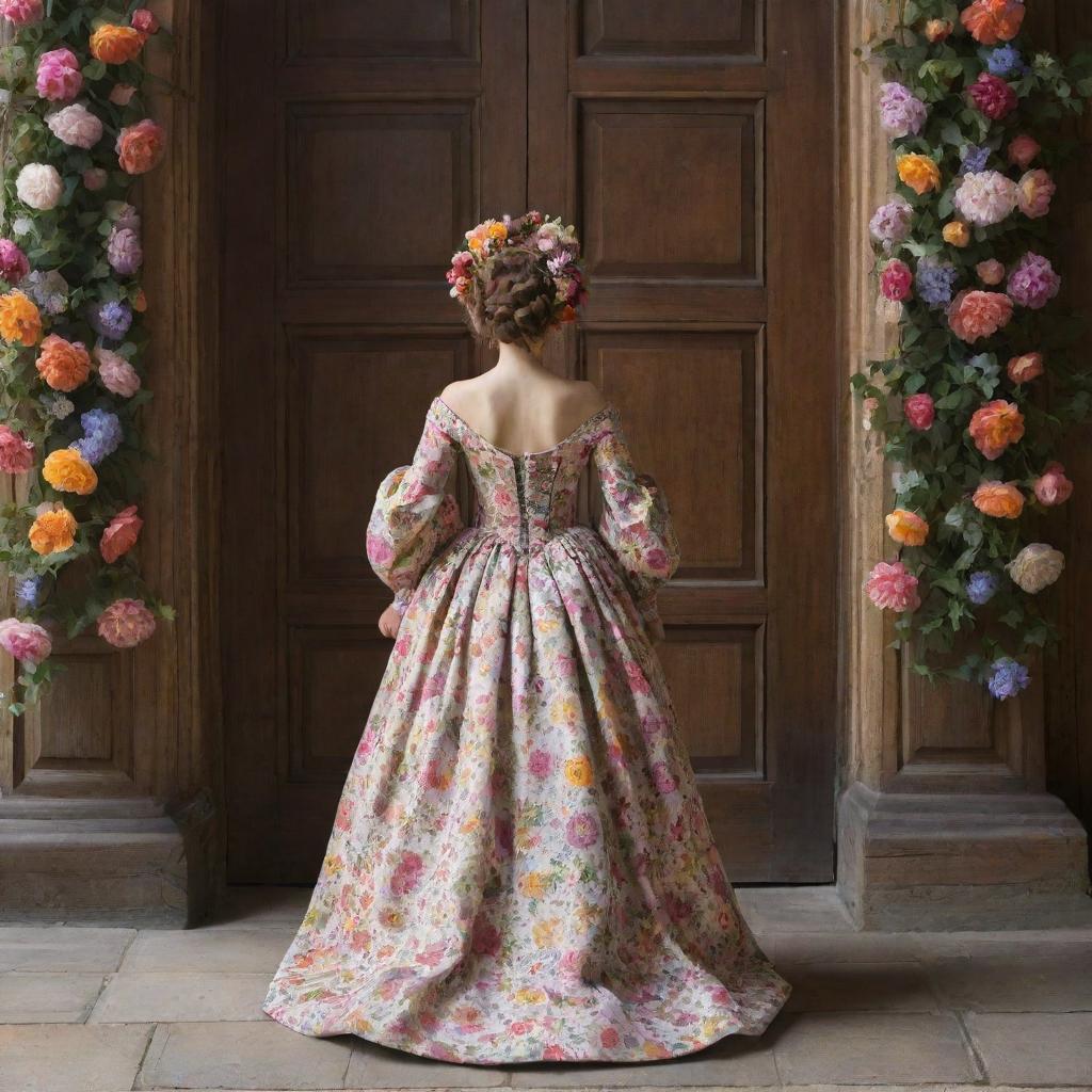 A rear view of a woman from the 17th century, elegantly dressed in a flowery gown, her hair creatively styled with vibrant flowers, as she moves towards a massive wooden door