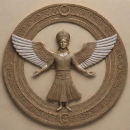 Generate a detailed and intricate image of a Farohar (Fravahar), an ancient Zoroastrian symbol, with a humanoid figure within a winged disc. Enhance the elegance with fine lines and elaborate detailing.