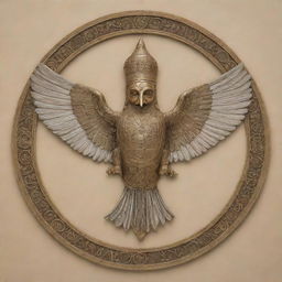 Generate a detailed and intricate image of a Farohar (Fravahar), an ancient Zoroastrian symbol, with a humanoid figure within a winged disc. Enhance the elegance with fine lines and elaborate detailing.