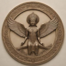 Generate a detailed and intricate image of a Farohar (Fravahar), an ancient Zoroastrian symbol, with a humanoid figure within a winged disc. Enhance the elegance with fine lines and elaborate detailing.