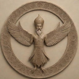 Generate a detailed and intricate image of a Farohar (Fravahar), an ancient Zoroastrian symbol, with a humanoid figure within a winged disc. Enhance the elegance with fine lines and elaborate detailing.