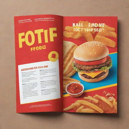 Design a visually striking, informative pamphlet promoting fast food. The pamphlet features vibrant colors, tempting food images, and catchy text.