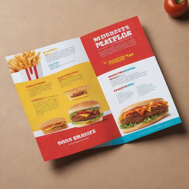 Design a visually striking, informative pamphlet promoting fast food. The pamphlet features vibrant colors, tempting food images, and catchy text.