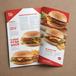 Design a visually striking, informative pamphlet promoting fast food. The pamphlet features vibrant colors, tempting food images, and catchy text.