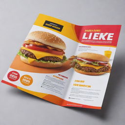 Design a visually striking, informative pamphlet promoting fast food. The pamphlet features vibrant colors, tempting food images, and catchy text.