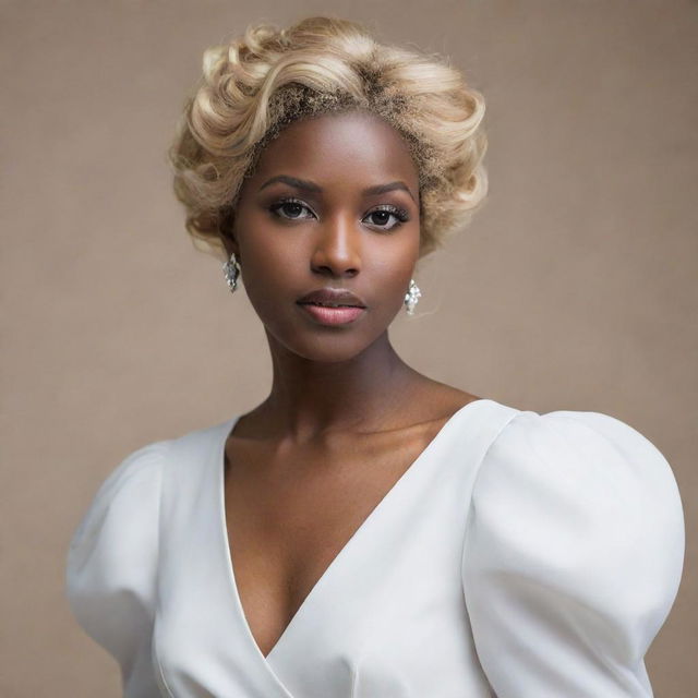 A graceful woman with blonde hair and dark skin, elegantly dressed in a white dress.