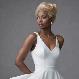 A graceful woman with blonde hair and dark skin, elegantly dressed in a white dress.