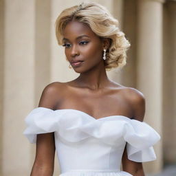 A graceful woman with blonde hair and dark skin, elegantly dressed in a white dress.