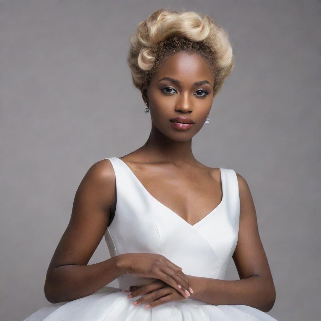 A graceful woman with blonde hair and dark skin, elegantly dressed in a white dress.