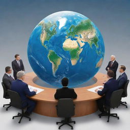 Illustration concept of the world of politics, depicting diverse politicians debating in a global conference setting with earth in the background