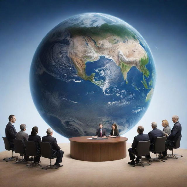 Illustration concept of the world of politics, depicting diverse politicians debating in a global conference setting with earth in the background