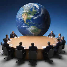 Illustration concept of the world of politics, depicting diverse politicians debating in a global conference setting with earth in the background