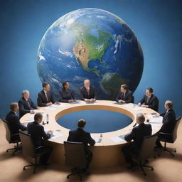 Illustration concept of the world of politics, depicting diverse politicians debating in a global conference setting with earth in the background