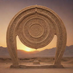 Create a high-quality image of a detailed and intricate Farohar (Fravahar), an ancient Zoroastrian symbol, situated in a historic Iranian setting. Illuminate the scene with a warm desert sunset.