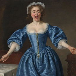 A depiction of a woman in 17th-century period-appropriate nightwear, her face twisted in a grimace as she screams in response to excruciating back pain