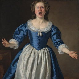 A depiction of a woman in 17th-century period-appropriate nightwear, her face twisted in a grimace as she screams in response to excruciating back pain