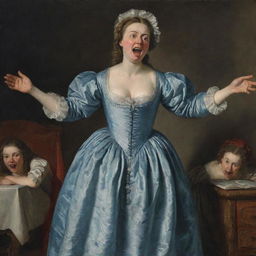 A depiction of a woman in 17th-century period-appropriate nightwear, her face twisted in a grimace as she screams in response to excruciating back pain