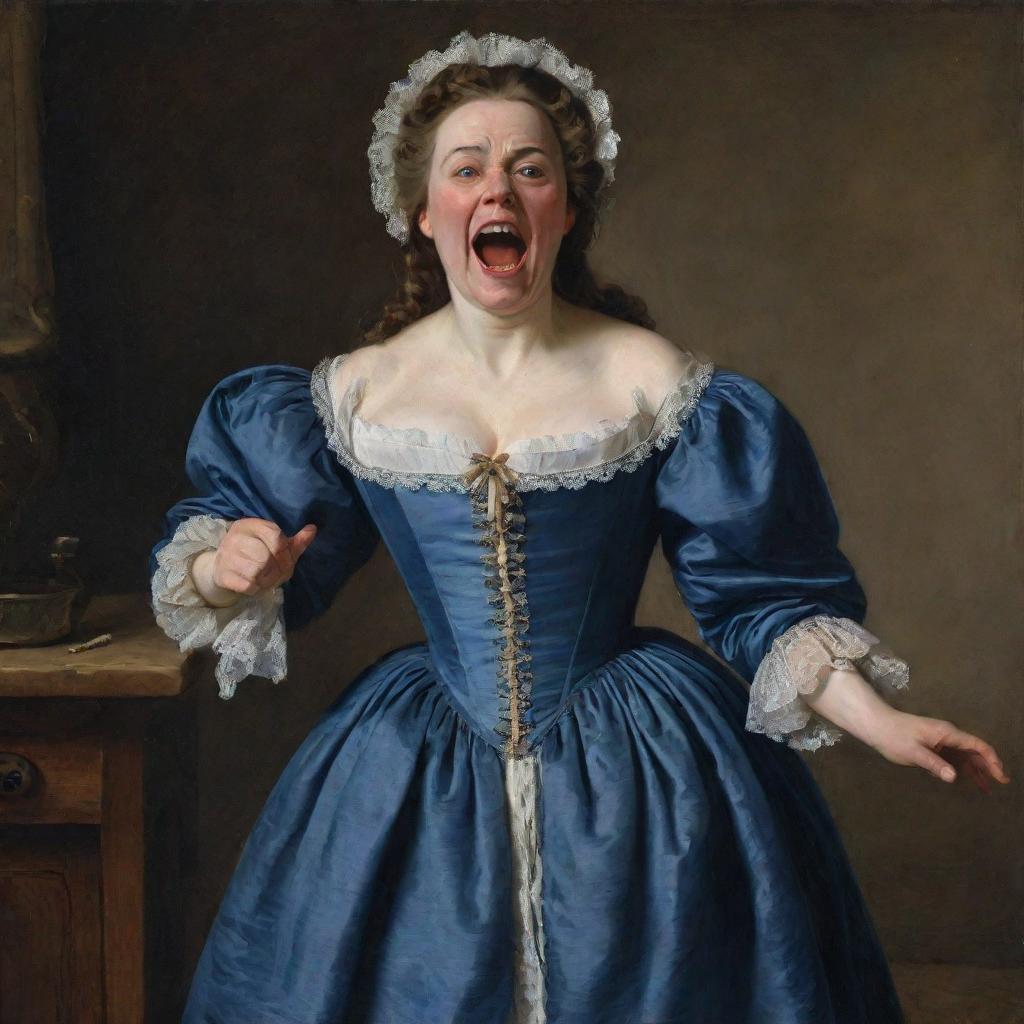 A depiction of a woman in 17th-century period-appropriate nightwear, her face twisted in a grimace as she screams in response to excruciating back pain