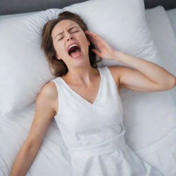 A woman in a white sleeping dress, wincing and screaming out due to the sudden onslaught of severe back pain