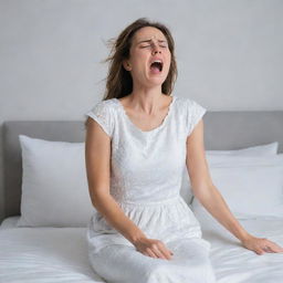 A woman in a white sleeping dress, wincing and screaming out due to the sudden onslaught of severe back pain