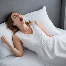 A woman in a white sleeping dress, wincing and screaming out due to the sudden onslaught of severe back pain