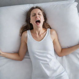 A woman in a white sleeping dress, wincing and screaming out due to the sudden onslaught of severe back pain