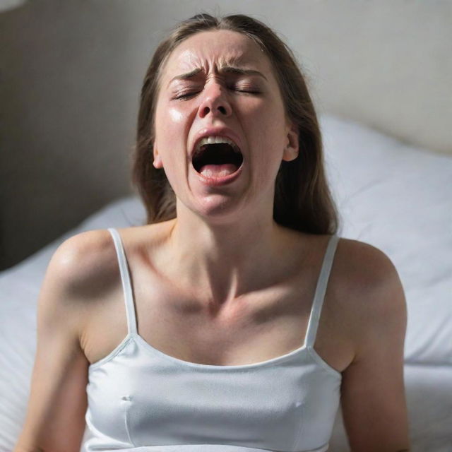 A woman in a pristine white sleeping dress, her face reflecting agony as she screams and cries, clutching her back in intense pain