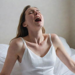 A woman in a pristine white sleeping dress, her face reflecting agony as she screams and cries, clutching her back in intense pain