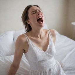 A woman in a pristine white sleeping dress, her face reflecting agony as she screams and cries, clutching her back in intense pain