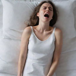 A woman in a pristine white sleeping dress, her face reflecting agony as she screams and cries, clutching her back in intense pain