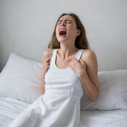 An image depicting a woman in a crisp white sleeping dress in distress, she is screaming and crying, her hand gripping her spine in extreme discomfort