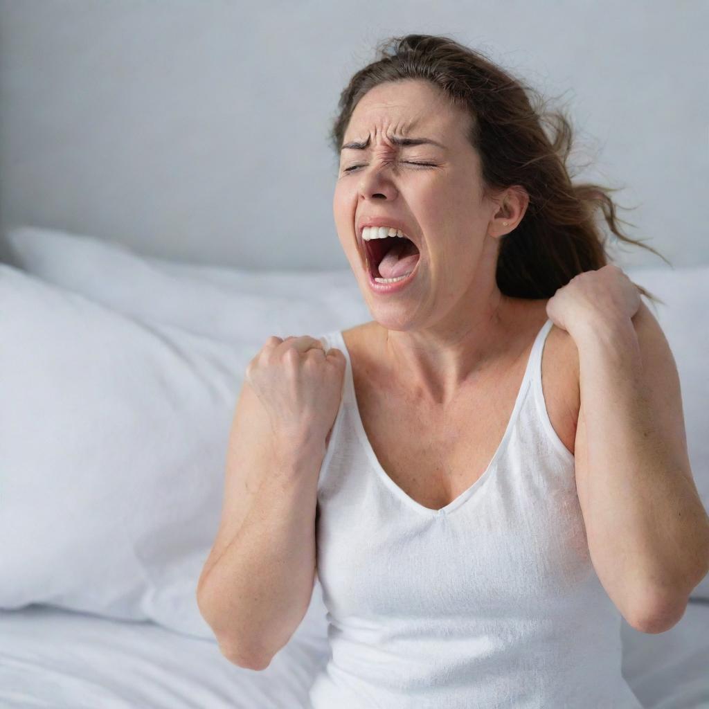 An image depicting a woman in a crisp white sleeping dress in distress, she is screaming and crying, her hand gripping her spine in extreme discomfort