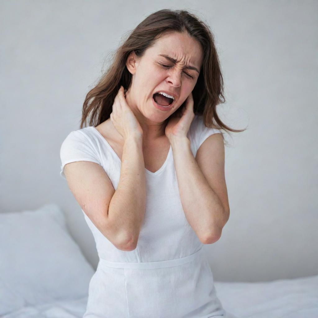 An image depicting a woman in a crisp white sleeping dress in distress, she is screaming and crying, her hand gripping her spine in extreme discomfort