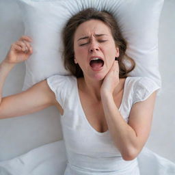 An image depicting a woman in a crisp white sleeping dress in distress, she is screaming and crying, her hand gripping her spine in extreme discomfort