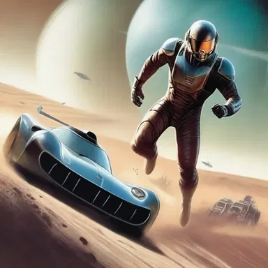 In the science fiction novel, the protagonist participates in an intergalactic auto racing competition against extraterrestrial beings.