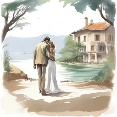 The artist sketched the couple's romantic getaway schematically, capturing the essence of their picturesque surroundings.