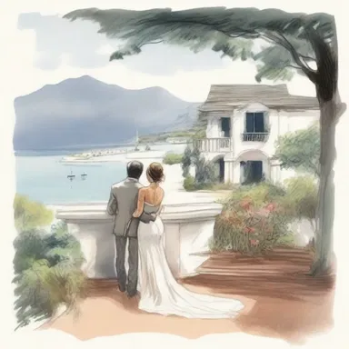 The artist sketched the couple's romantic getaway schematically, capturing the essence of their picturesque surroundings.