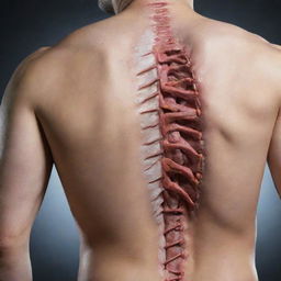 A vivid image illustrating a human backbone, unmistakably showing signs of a severe fracture or breakage